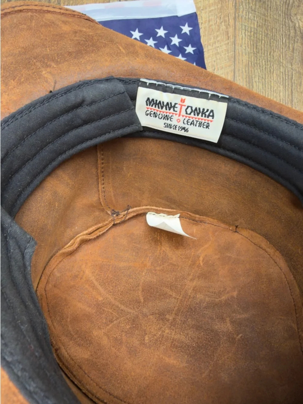 Minnetonka Leather Hat Brown Leather Outback Bush Western Braid Band USA  Size S - Picture 4 of 8